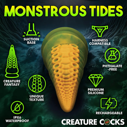 The Creature Cocks Monstropus 2.0 Vibrating shown next to icons and text that describe its features. Text includes "suction base, creature fantasy, unique texture, IPX6 waterproof, harness compatible, phthalate-free, premium silicone, and rechargeable" | Kinkly Shop