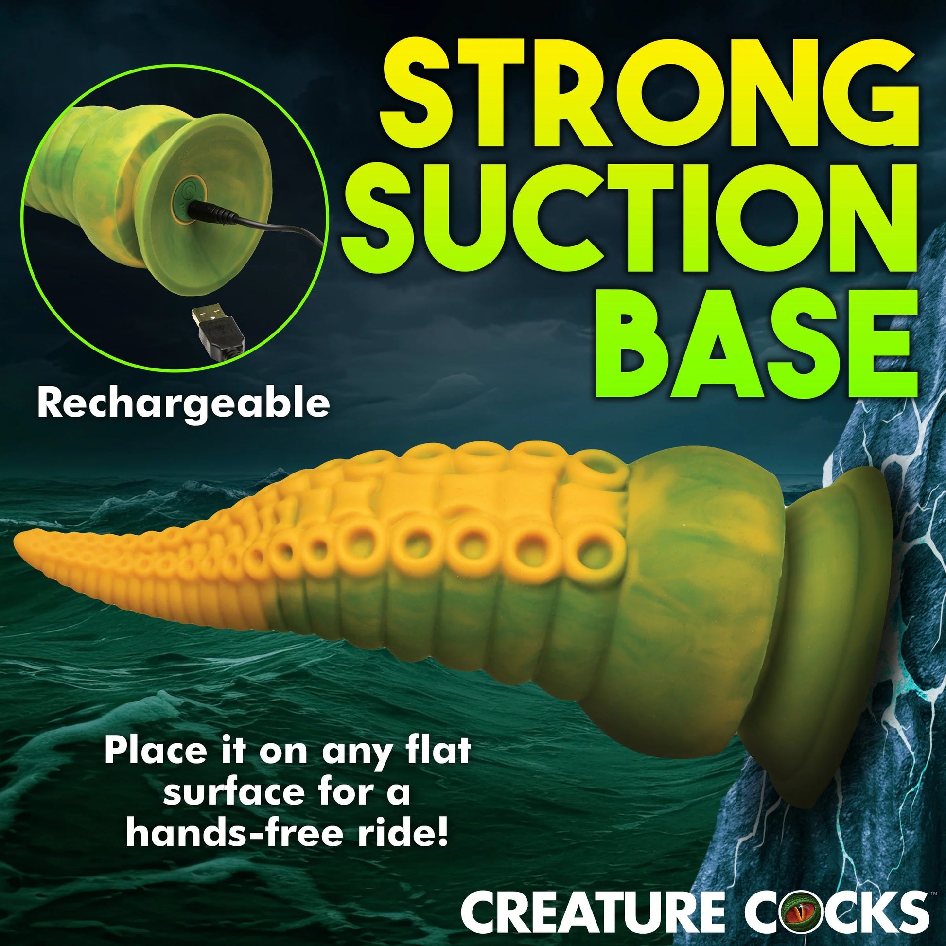 The Creature Cocks Monstropus 2.0 Vibrating shown with its suction cup base holding it onto a rock. Text reads "Strong suction base. Place it on any flat surface for a hands-free ride". Another cut-out shows that the charging port is in the middle of the suction cup base. | Kinkly Shop