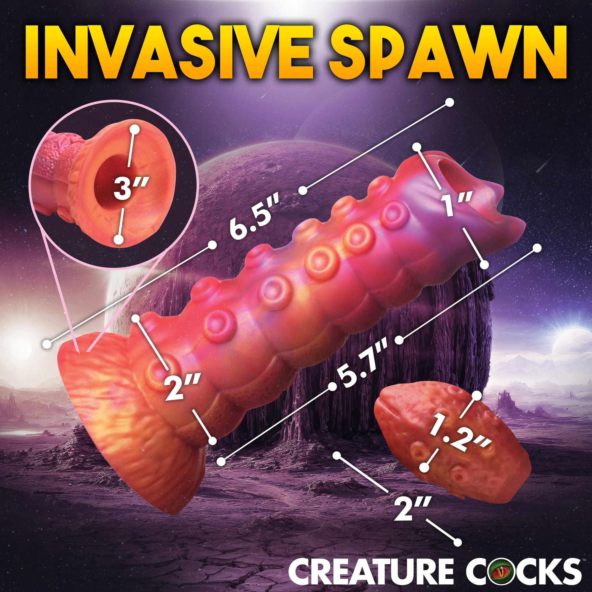 Creature Cocks Nymphoid Ovipositor with Eggs with all of the measurements of the toys superimposed on top of them. All measurements are included with the product text description. | Kinkly Shop