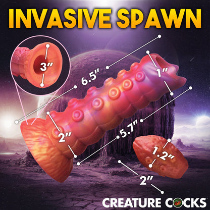 Creature Cocks Nymphoid Ovipositor with Eggs with all of the measurements of the toys superimposed on top of them. All measurements are included with the product text description. | Kinkly Shop