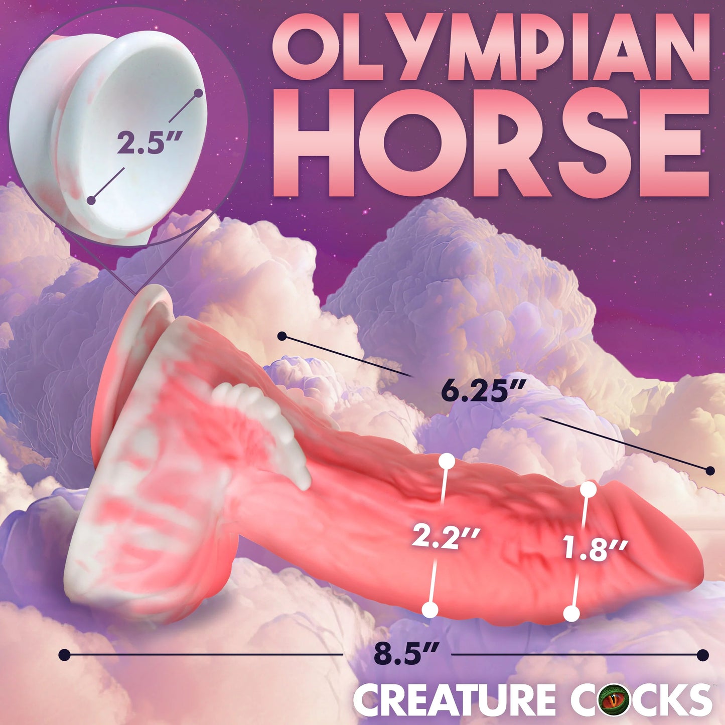 The measurements of the Creature Cocks Pegasus shown on top of a picture of the dildo itself. | Kinkly Shop