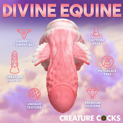 The Creature Cocks Pegasus with icons and text of its features surrounding it. Text reads: Harness compatible, suction base, creature fantasy, phthalate-free, unique texture, premium silicone. | Kinkly Shop