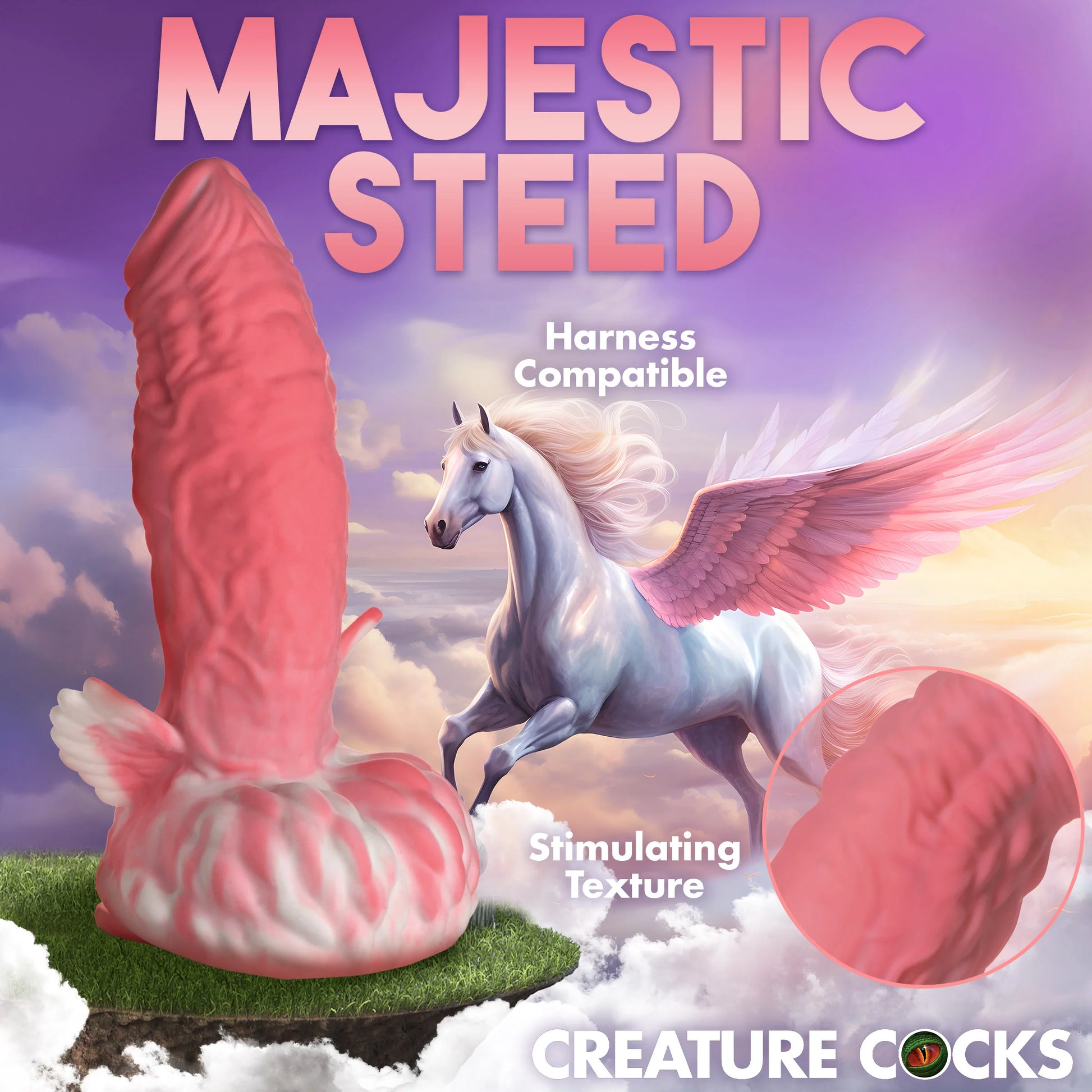 Collage of images showcasing the features of the Creature Cocks Pegasus. That includes its harness compatibility and its stimulating texture. | Kinkly Shop