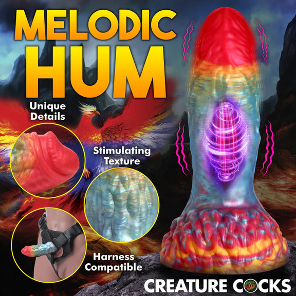 Cross-section of the dildo shows the vibrating motor in the mid-shaft of the dildo. Text on the image reads: "Melodic hum. Unique details. Stimulating texture. Harness compatible." | Kinkly Shop
