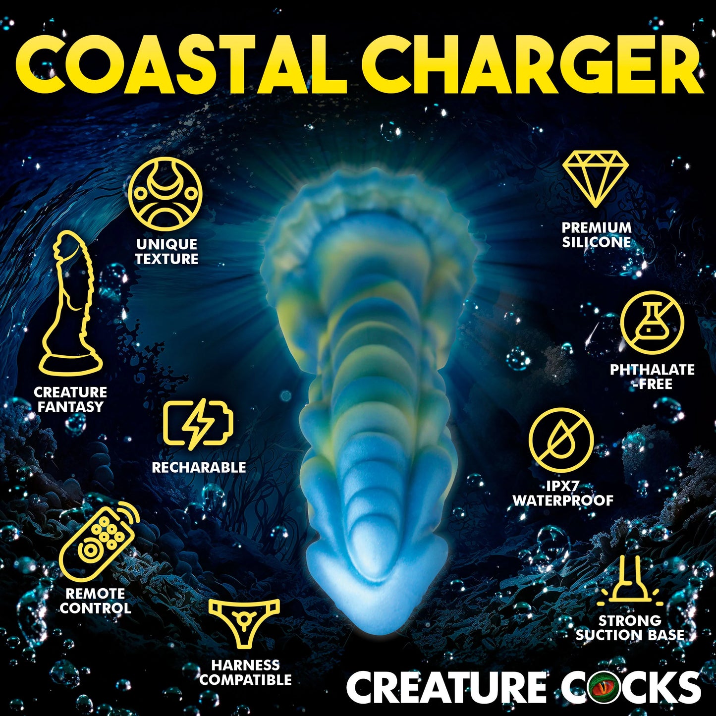 The Creature Cocks Sea Stallion with Remote shown with icons and text features listed around it. Text includes "Unique texture, creature fantasy, rechargeable, remote control, harness compatible, premium silicone, phthalate-free, IPX7 waterproof, strong suction base" | Kinkly Shop
