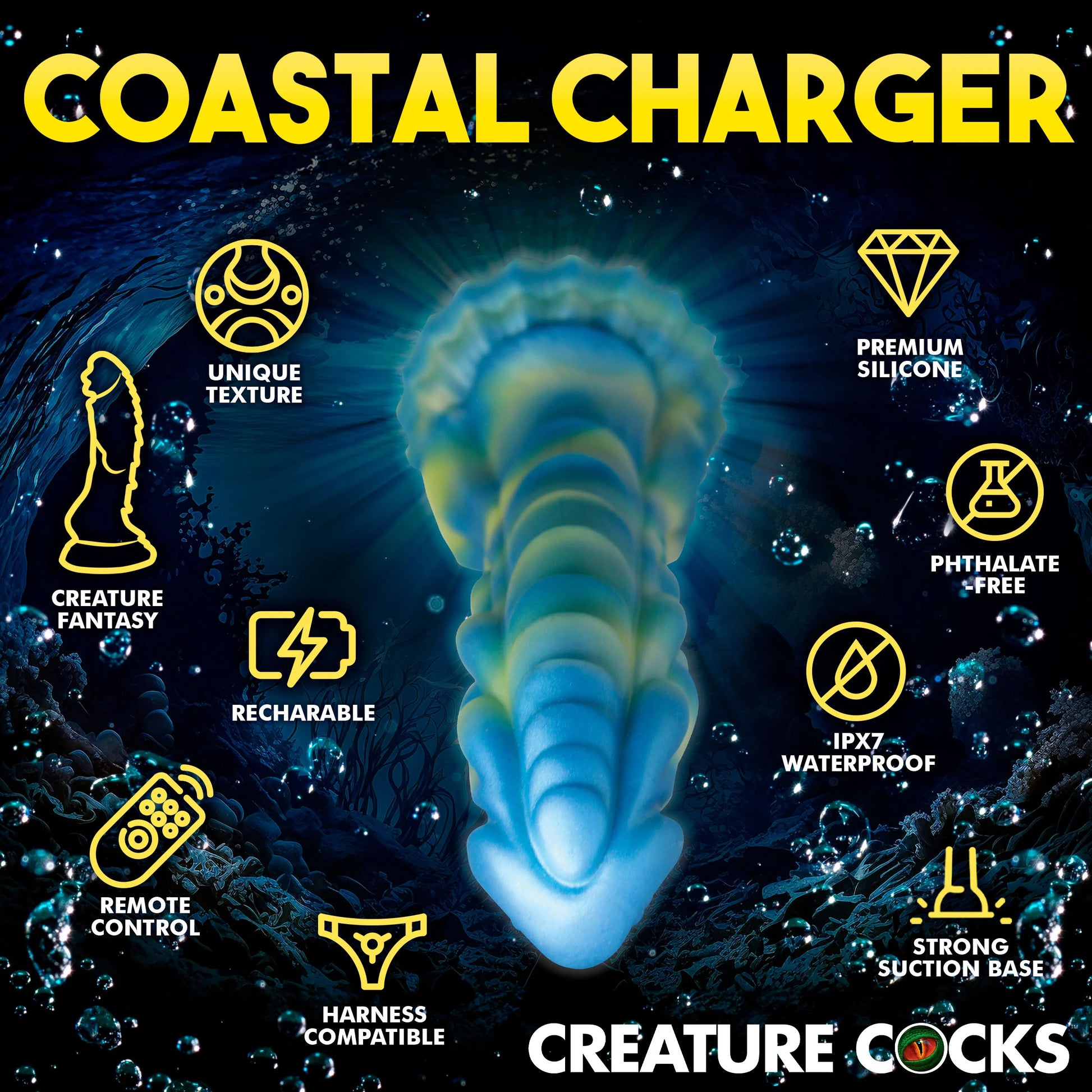 The Creature Cocks Sea Stallion with Remote shown with icons and text features listed around it. Text includes "Unique texture, creature fantasy, rechargeable, remote control, harness compatible, premium silicone, phthalate-free, IPX7 waterproof, strong suction base" | Kinkly Shop