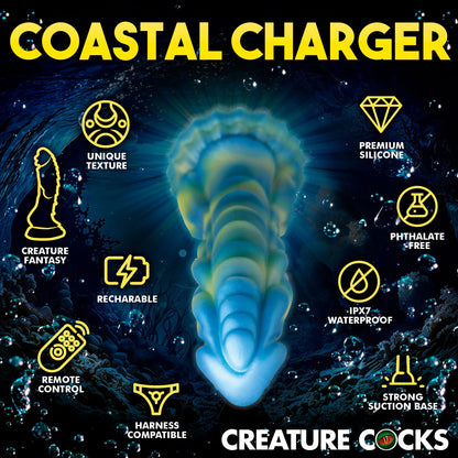 The Creature Cocks Sea Stallion with Remote shown with icons and text features listed around it. Text includes "Unique texture, creature fantasy, rechargeable, remote control, harness compatible, premium silicone, phthalate-free, IPX7 waterproof, strong suction base" | Kinkly Shop
