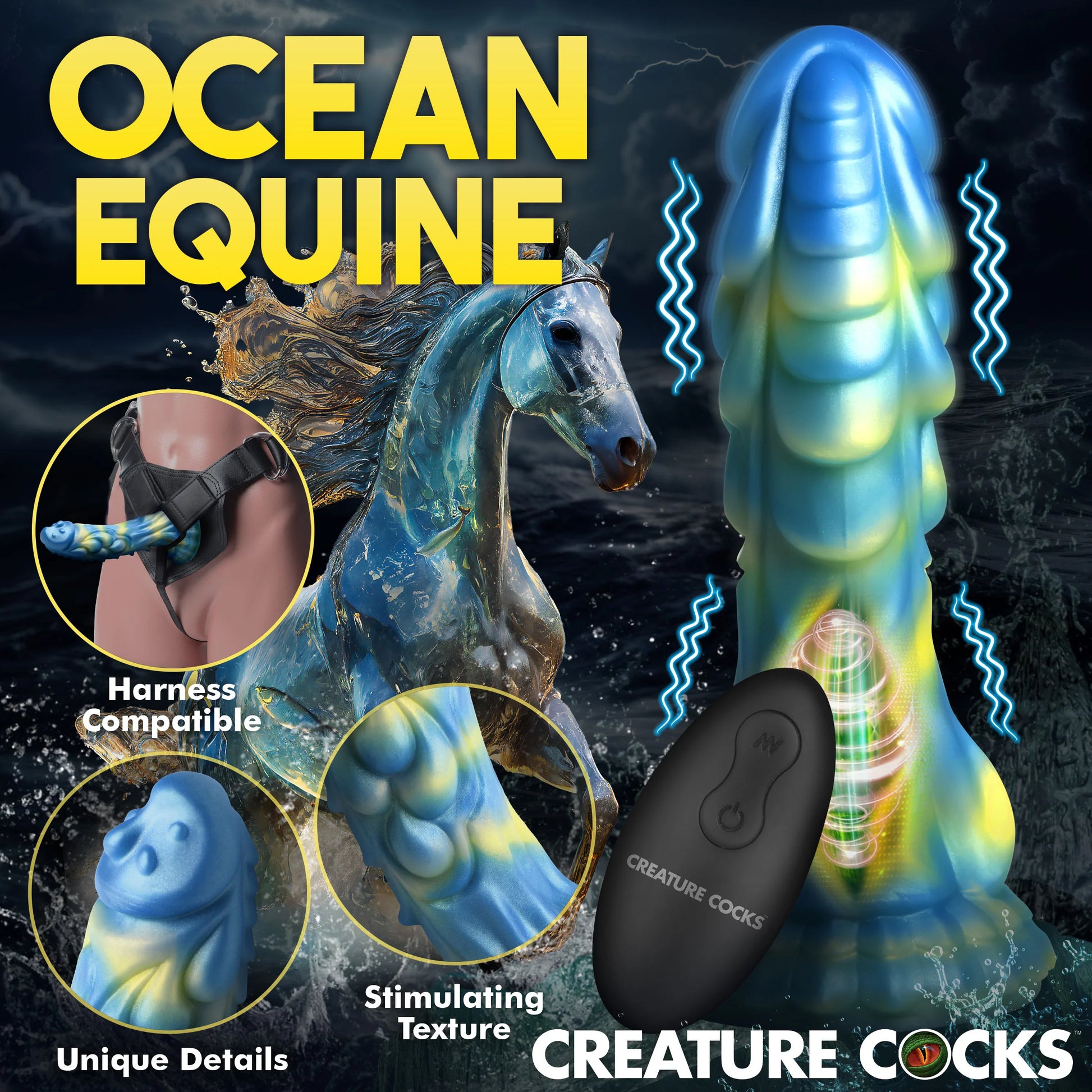 Collage of images shows off features of the Creature Cocks Sea Stallion with Remote including the harness compatibility, the unique detailing, and the stimulating texture. | Kinkly Shop