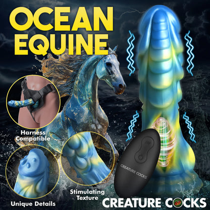 Collage of images shows off features of the Creature Cocks Sea Stallion with Remote including the harness compatibility, the unique detailing, and the stimulating texture. | Kinkly Shop