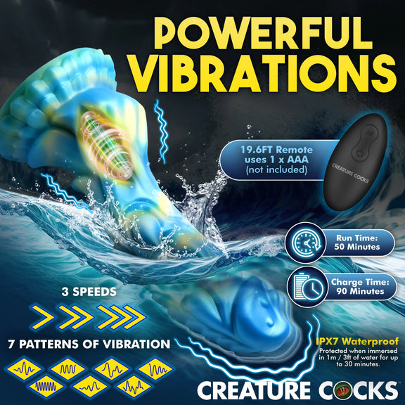 The Creature Cocks Sea Stallion with Remote is shown dunking into water with features explained around it. It has a 19.6 foot remote range, and the remote needs 1 AAA battery (not included). The vibrations have 3 speeds and 7 patterns with a run time of 50 minutes and charge time of 90 minutes. The sex toy is IPX7 waterproof. | Kinkly Shop