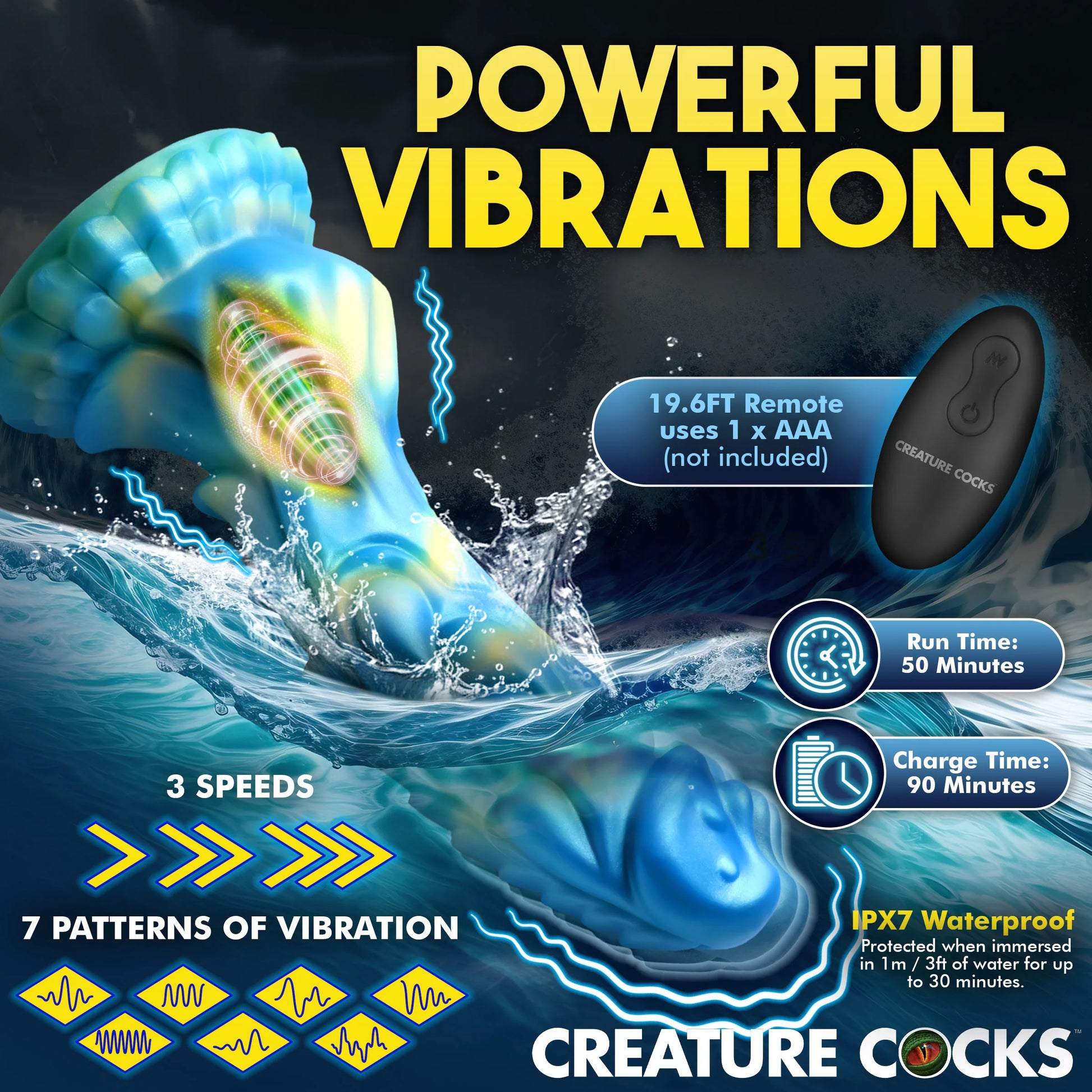 The Creature Cocks Sea Stallion with Remote is shown dunking into water with features explained around it. It has a 19.6 foot remote range, and the remote needs 1 AAA battery (not included). The vibrations have 3 speeds and 7 patterns with a run time of 50 minutes and charge time of 90 minutes. The sex toy is IPX7 waterproof. | Kinkly Shop