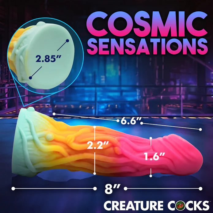 The Creature Cocks Shifter with measurements superimposed overtop of it. All measurements can be found within the text description for the product. | Kinkly Shop