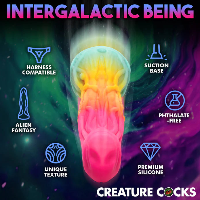 The Creature Cocks Shifter shown next to an icon and text list of its features. Text reads: Harness compatible, Alien fantasy, Unique texture, Suction base, Phthalate-free, Premium silicone | Kinkly Shop