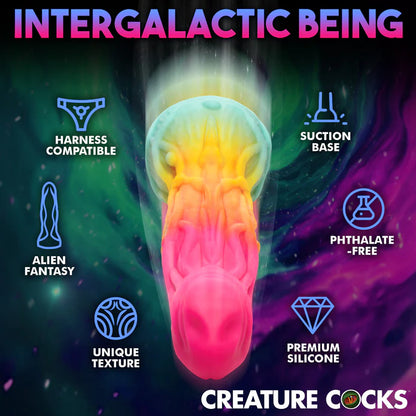 The Creature Cocks Shifter shown next to an icon and text list of its features. Text reads: Harness compatible, Alien fantasy, Unique texture, Suction base, Phthalate-free, Premium silicone | Kinkly Shop