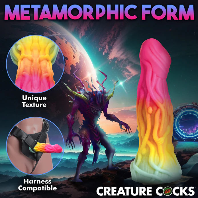 Collage of images showcases the features of the Creature Cocks Shifter including the unique texture and harness compatibility | Kinkly Shop