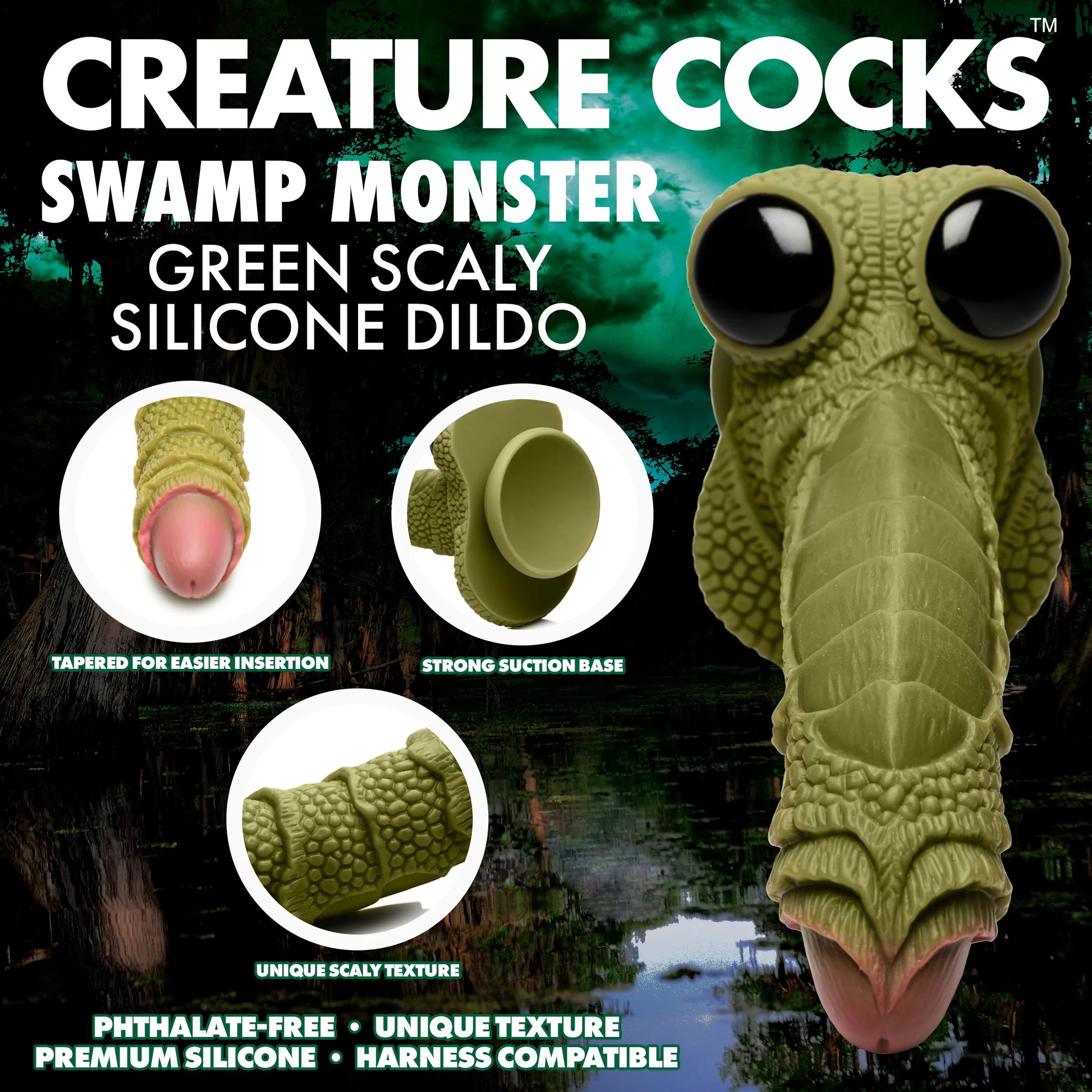 The Creature Cocks Swamp Monster shown in a collage of features in images. Text on the image reads: "Swamp monster, green scaly silicone dildo, tapered for easier insertion, strong suction base, Unique scaly texture, Phthalate-free, unique texture, premium silicone, harness compatible" | Kinkly Shop
