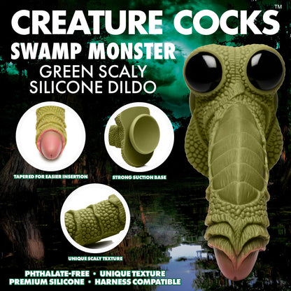 The Creature Cocks Swamp Monster shown in a collage of features in images. Text on the image reads: "Swamp monster, green scaly silicone dildo, tapered for easier insertion, strong suction base, Unique scaly texture, Phthalate-free, unique texture, premium silicone, harness compatible" | Kinkly Shop