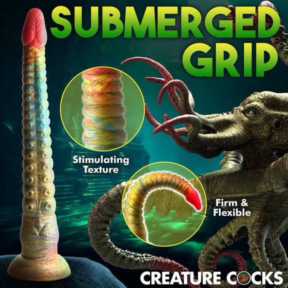 Collage of images showcasing the various features of the Creature Cocks Tenta-Dick. Text on the image reads: "Stimulating texture and firm and flexible" | Kinkly Shop
