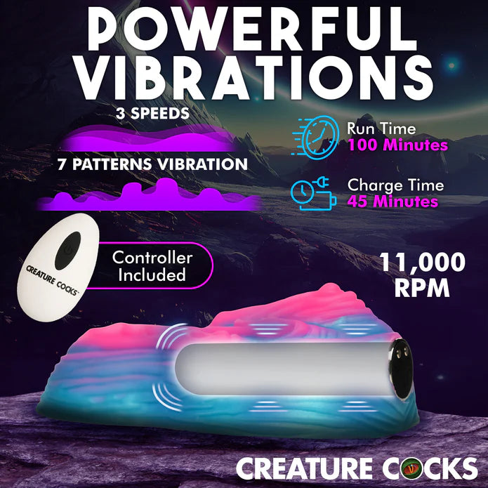 The Creature Cocks Vulvaron Remote-Control Vibrating Grinder with a cross-section view. This cross-section view showcases the vibrator that's slid inside of the grinder's surface. Text on the image reads: "3 speeds, 7 patterns vibrations, Run Time: 100 minutes. Charge Time: 45 minutes. Remote controller included. 11,000RPM" | Kinkly Shop