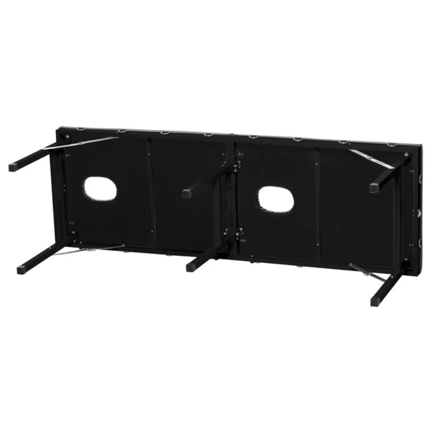 Underside of the XR Brands Extreme Bondage Milking Table. It showcases how the legs fold up underneath the bondage board and how the bondage board folds in half for easy storage. | Kinkly Shop