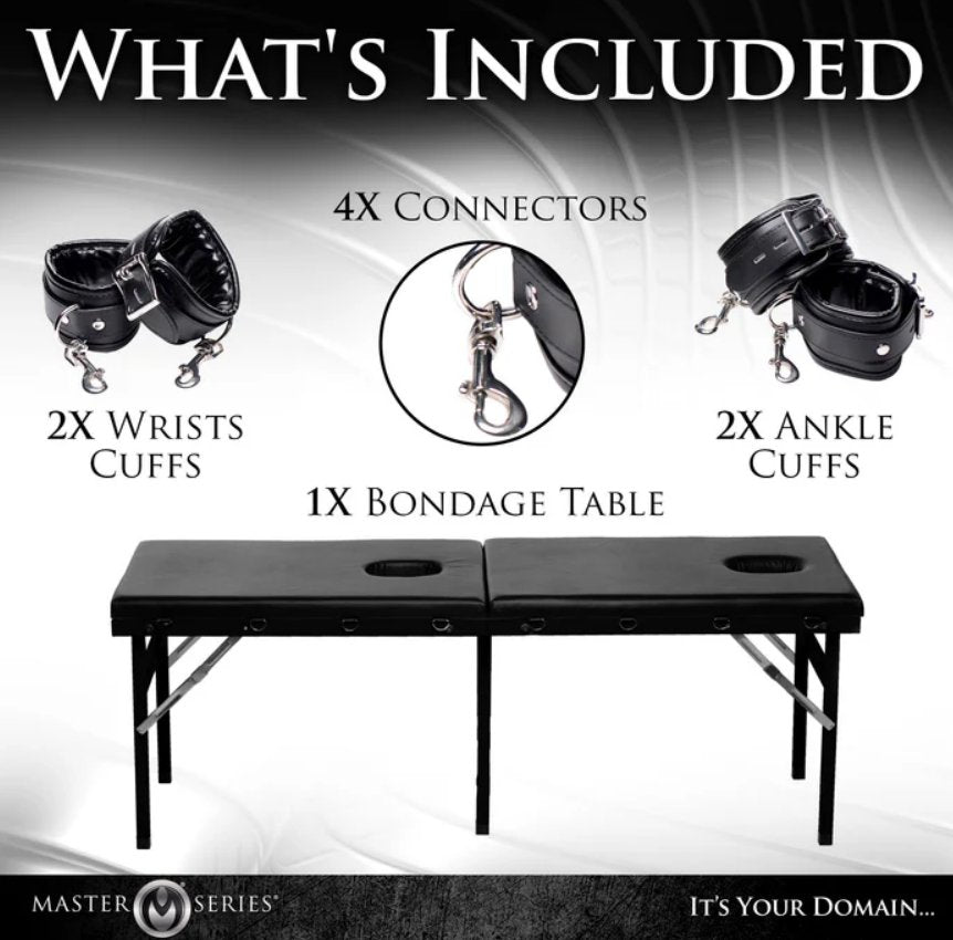 Illustrated image showcases everything included in the XR Brands Extreme Bondage Milking Table. Text reads: "What's included: 1 Bondage Table. 2 Wrist Cuffs. 2 Ankle Cuffs. 4 Cuff Connectors." | Kinkly Shop