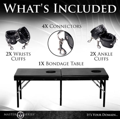 Illustrated image showcases everything included in the XR Brands Extreme Bondage Milking Table. Text reads: "What's included: 1 Bondage Table. 2 Wrist Cuffs. 2 Ankle Cuffs. 4 Cuff Connectors." | Kinkly Shop