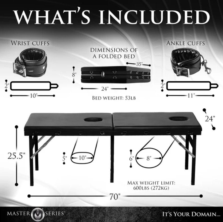 Measurements for every aspect of the XR Brands Extreme Bondage Milking Table including the milking table, the folded milking table, and the two wrist cuffs and two ankle cuffs. All measurements can be found in text in the product description. | Kinkly Shop