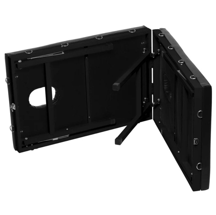 The XR Brands Extreme Bondage Milking Table on its side and partially folded up with its legs tucked in, showcasing how the XR Brands Extreme Bondage Milking Table folds up for discreet storage. | Kinkly Shop