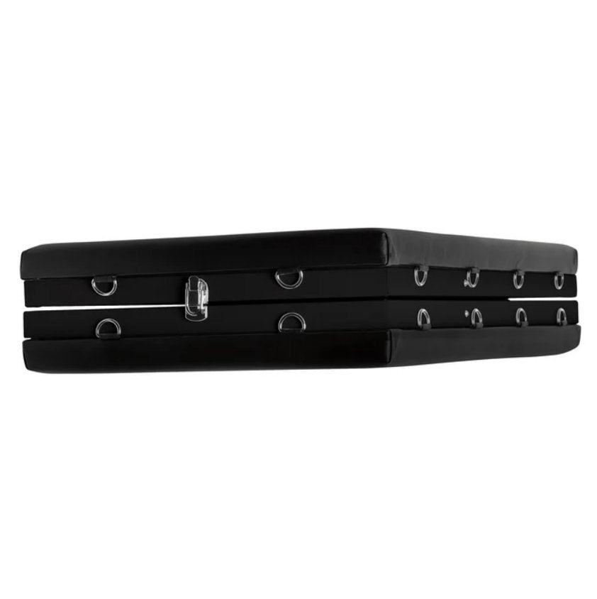 The XR Brands Extreme Bondage Milking Table fully folded up. It looks like a small rectangle that could fit discreetly underneath the bed. | Kinkly Shop