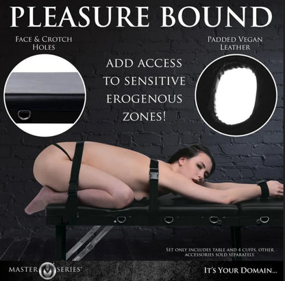 A person is bound in a kneeling position on top of the XR Brands Extreme Bondage Milking Table. Straps are used to hold them onto the table. Text on the image reads: "Pleasure bound. Face and crotch holes. Padded vegan leather. Add access to sensitive erogenous zones! Set only includes table and 4 cuffs. Other accessories sold separately." | Kinkly Shop