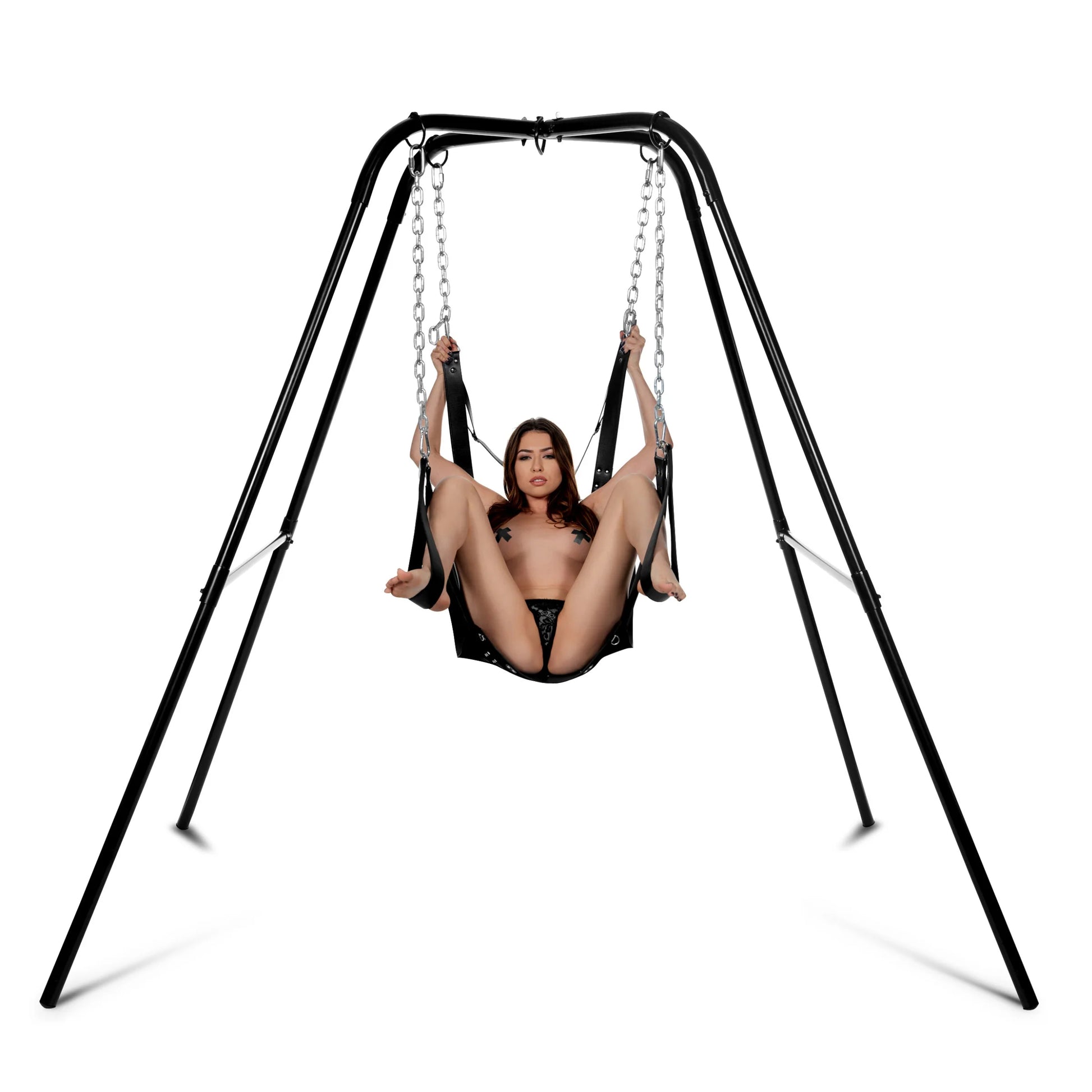 A person is lounging in the Extreme Sling with Sling Stand, showcasing the sheer size and sturdiness of the stand which seems to cover 6x the person's size. | kinkly Shop