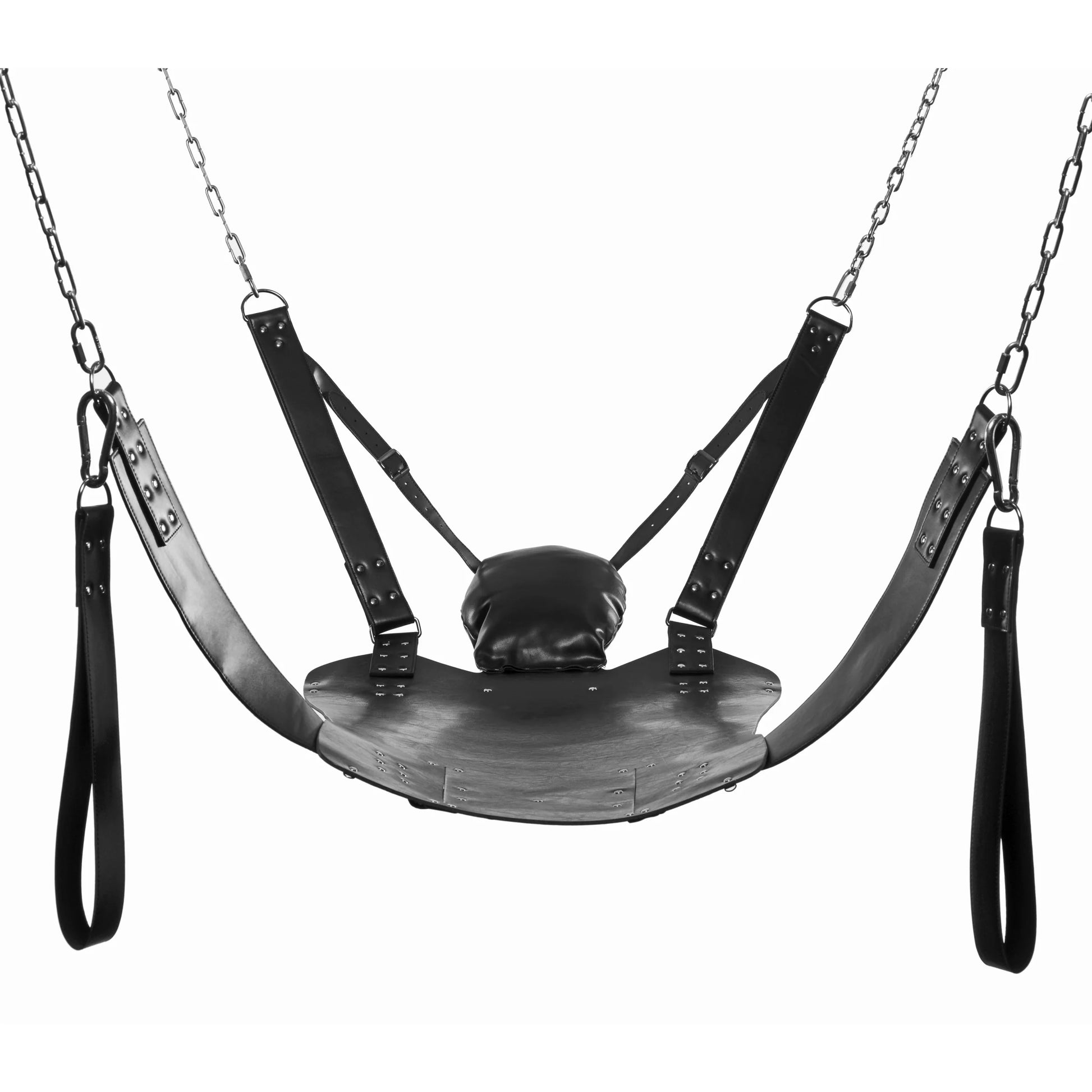 View of the sling from the kit. It is made up of multiple pieces of leather, all held together by multiple layers of rivets and chains. | Kinkly Shop