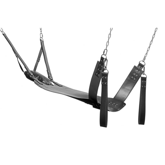 Side view of the Extreme Sling as it hangs in space. It looks very sturdy and supportive. The two feet straps hang off the front of the sling for additional bondage potential too. | Kinkly Shop