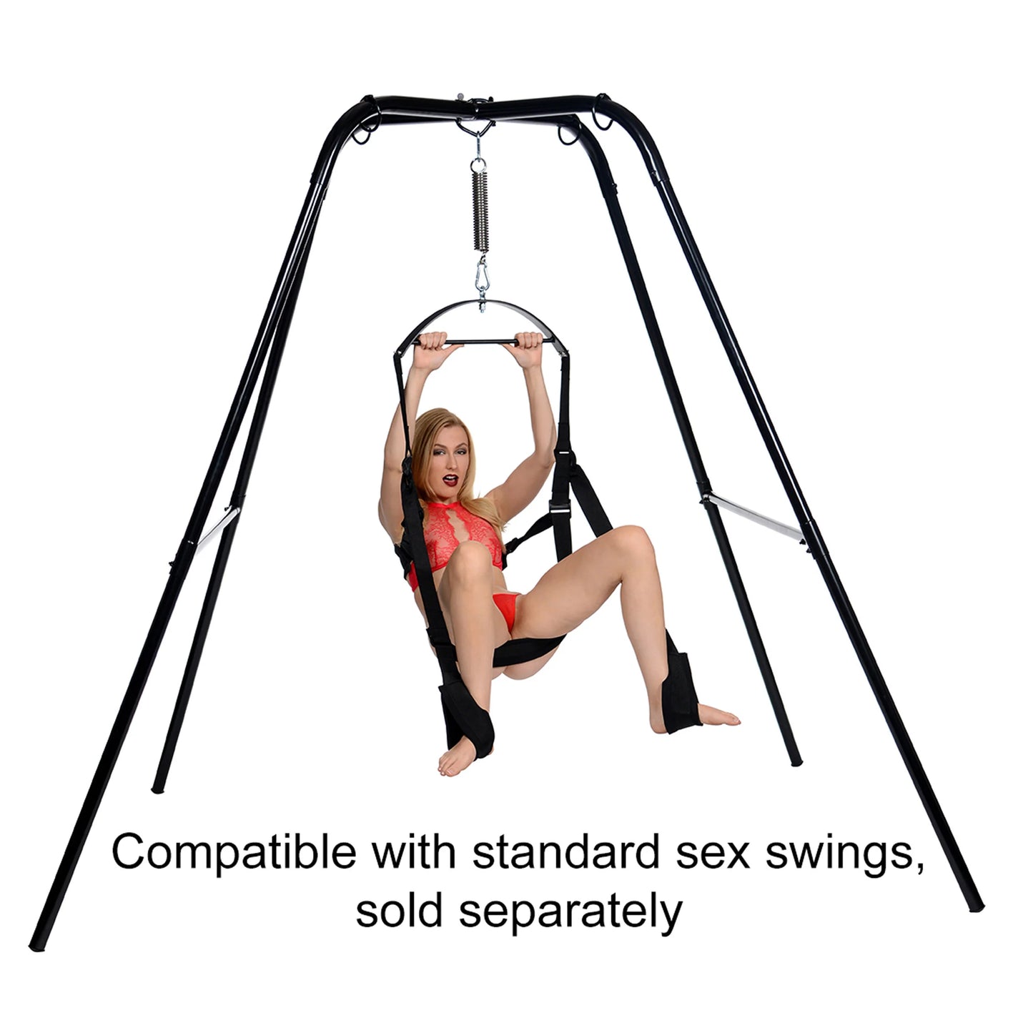 The sex sling stand is shown with a different sex sling, not included. This showcases that the sling can be used with other sex slings as well. | Kinkly Shop