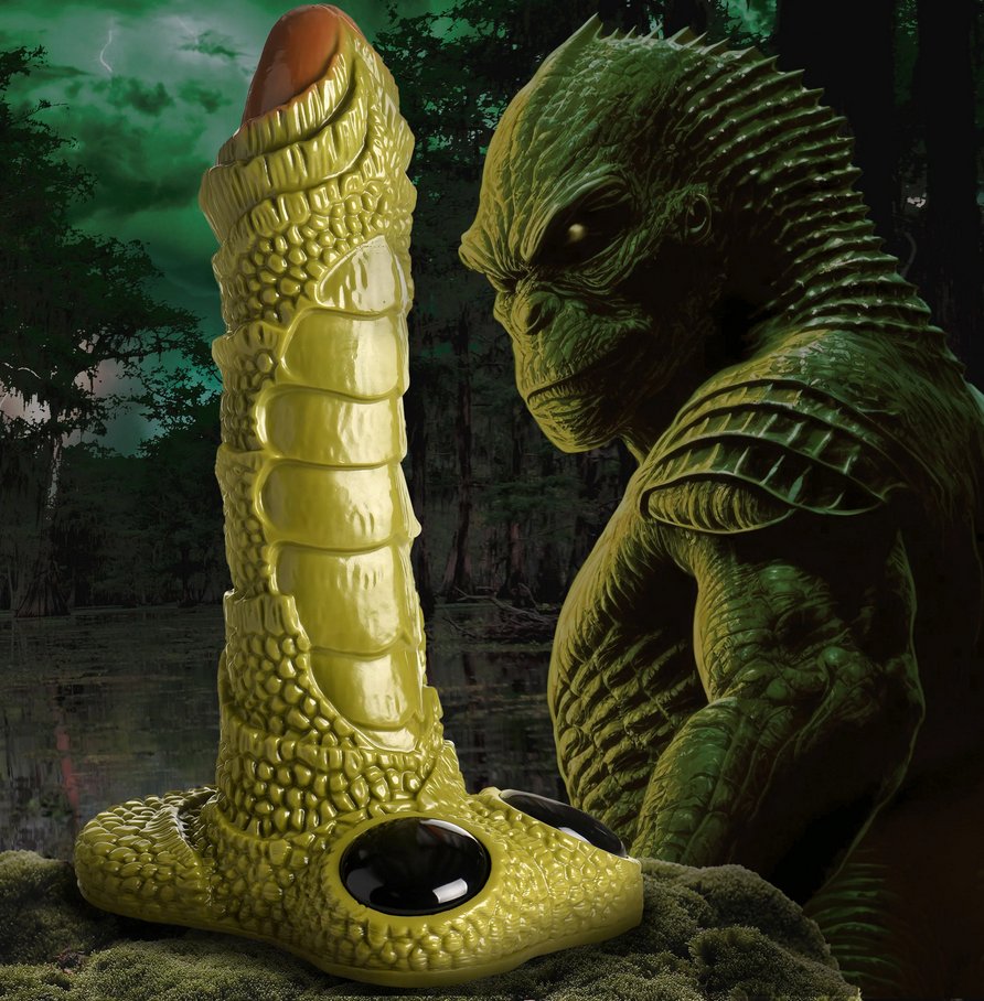 The Giant Swamp Monster Scaly Dildo shown next to the scaly monster that the toy is based off of. | Kinkly Shop