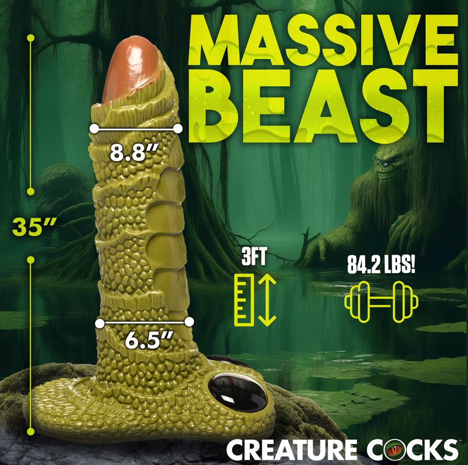 The Giant Swamp Monster Scaly Dildo shown with measurements of the dildo superimposed on top of it. The dildo is 35" tall and over 84 pounds. | Kinkly Shop