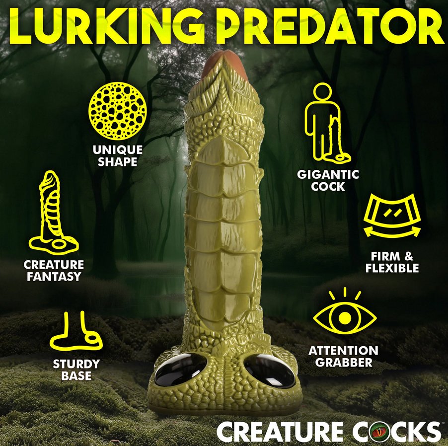 The Giant Swamp Monster Scaly Dildo dildo shown next to a list of features that the dildo has including "Unique shape, creature fantasy, sturdy base, attention grabber, gigantic cock, and firm & flexible" | Kinkly Shop