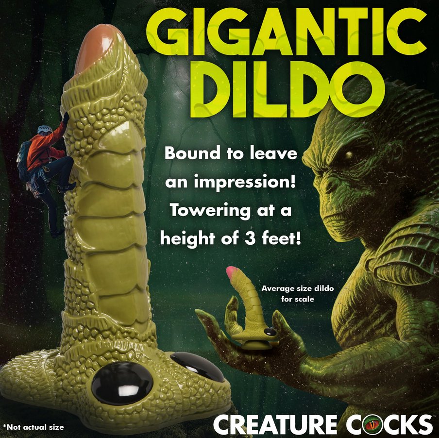 The giant dildo is shown next to a regular-sized dildo. Text on the image reads: "Gigantic dildo. Bound to leave an impression. Towering at a height of 3 feet!" | Kinkly Shop
