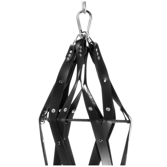 Close-up on hanging strap design of the Hanging Rubber Strap Cage. All of the rubber straps come together with their D-rings to fasten onto a single carabiner to suspend the cage. | Kinkly Shop