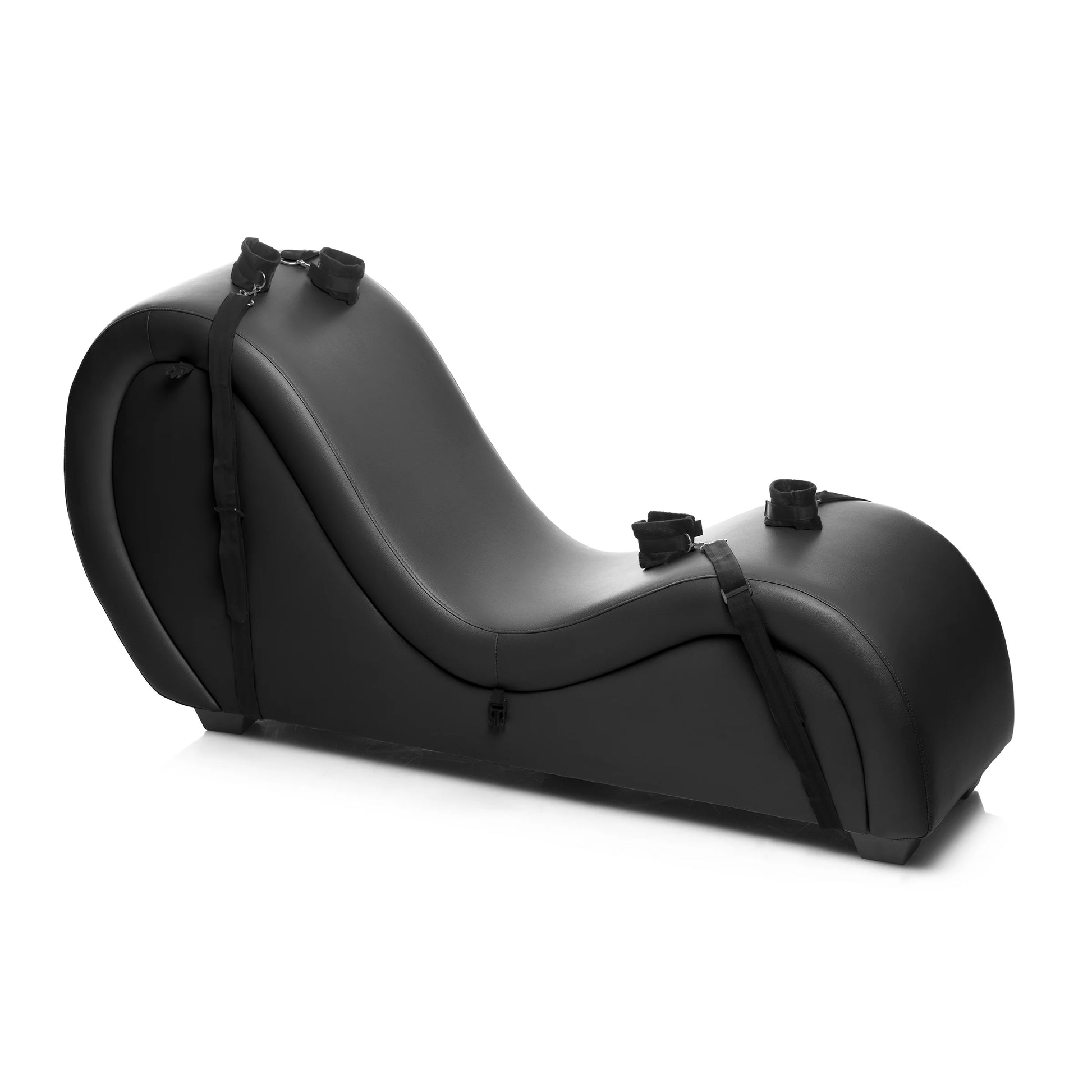 The Kinky Couch Bondage Sex Chaise shown without any bolster cushions. Instead, four cuffs are attached underneath the couch to secure the restraints that rest on top of the couch. | Kinkly Shop