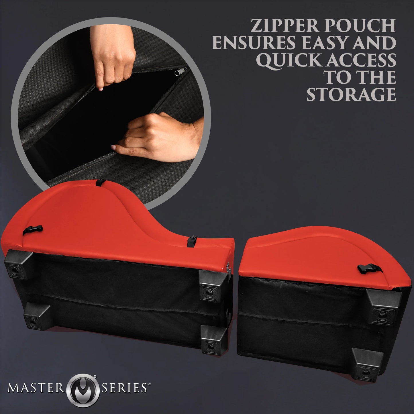 The Kinky Couch Bondage Detachable Sex Chaise filpped on its side showcasing a zipper underneath the Kinky Couch Bondage Detachable Sex Chaise that offers internal storage. Text reads: Zipper pouch ensures easy and quick access to the storage. You can store the cuffs or bolsters in here. | Kinkly Shop