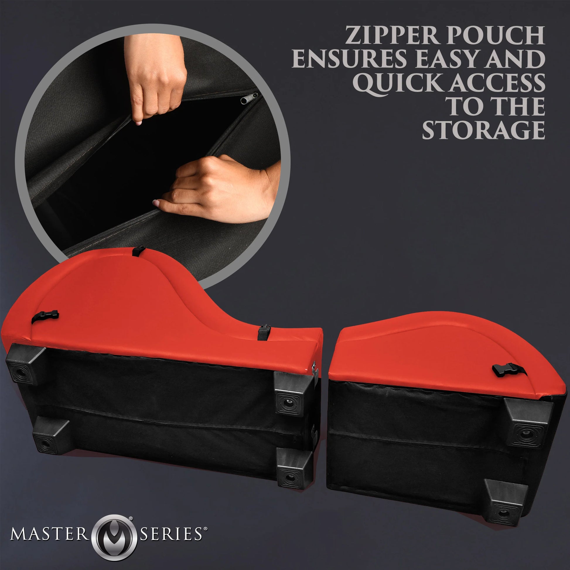The Kinky Couch Bondage Detachable Sex Chaise filpped on its side showcasing a zipper underneath the Kinky Couch Bondage Detachable Sex Chaise that offers internal storage. Text reads: Zipper pouch ensures easy and quick access to the storage. You can store the cuffs or bolsters in here. | Kinkly Shop