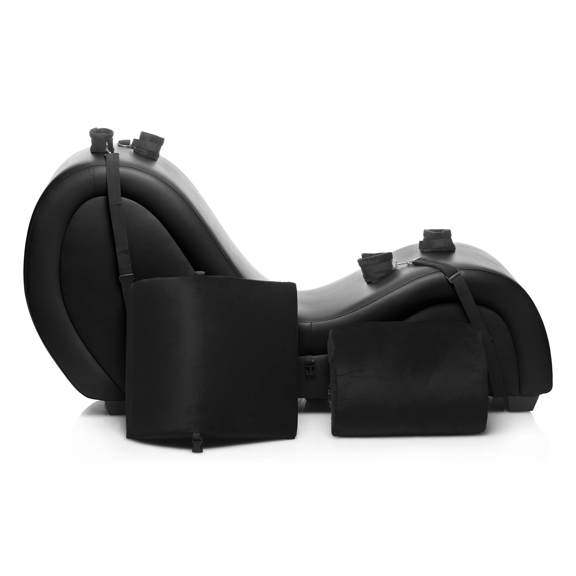 The Kinky Couch Bondage Sex Chaise shown with the two bolsters off the top of the couch and off to the side. Restraints are attached to the Kinky Couch Bondage Sex Chaise instead | Kinkly Shop
