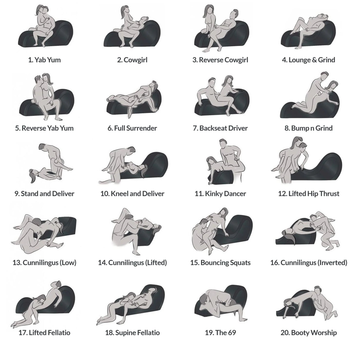 20 different sex position illustrations show how this Kinky Couch Bondage Detachable Sex Chaise can be used to change up your sex positions | Kinkly Shop