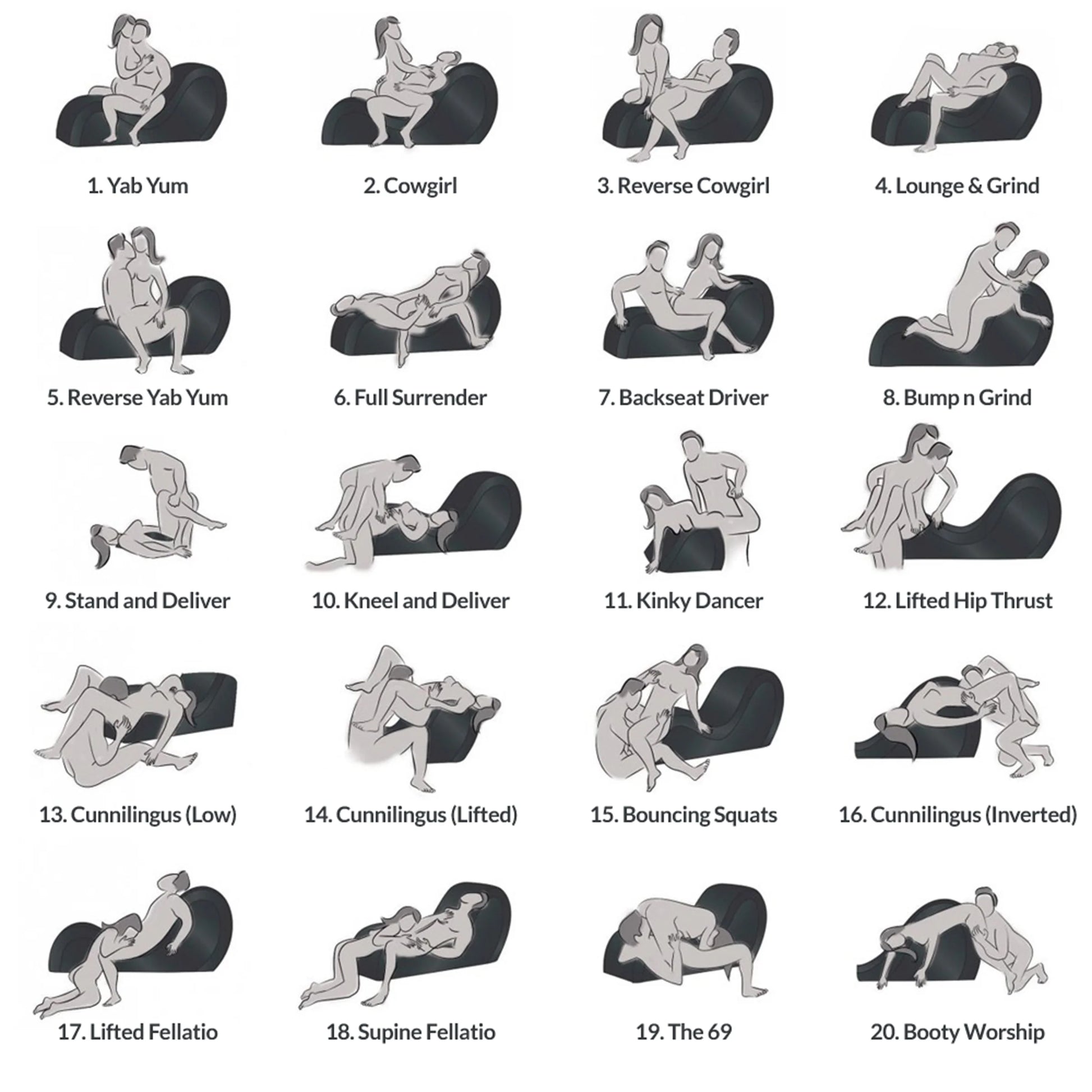 20 different sex position illustrations show how this Kinky Couch Bondage Detachable Sex Chaise can be used to change up your sex positions | Kinkly Shop
