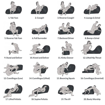 20 different sex position illustrations show how this Kinky Couch Bondage Detachable Sex Chaise can be used to change up your sex positions | Kinkly Shop