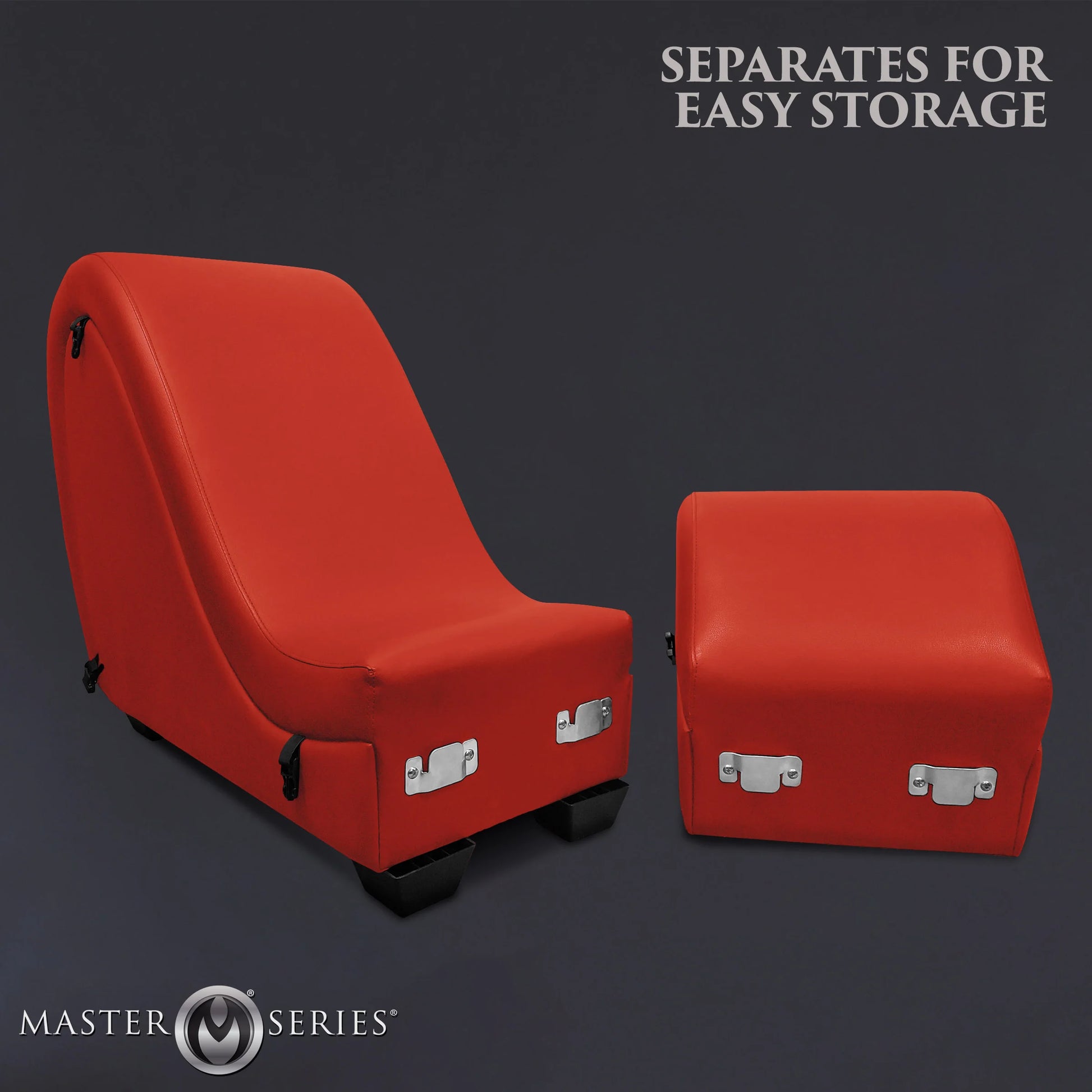 The Kinky Couch Bondage Detachable Sex Chaise shown separated into two pieces. The metal brackets on the inside of both pieces allow the two pieces to "slot" into one another like standard chaise couch furniture. This allows the two pieces to pull apart for easier travel or storage. | Kinkly Shop