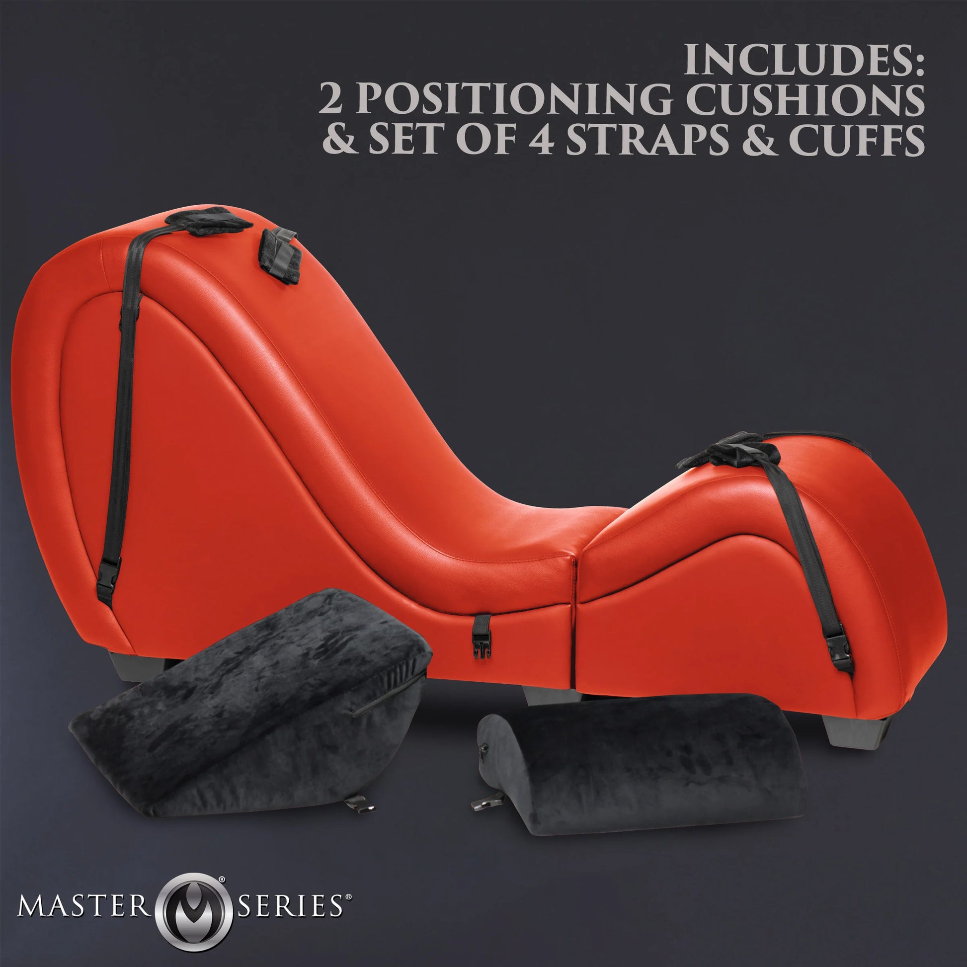 The Kinky Couch Bondage Detachable Sex Chaise shown with everything it comes with including the two black positioning cushions and the four fleece cuffs. | Kinkly Shop