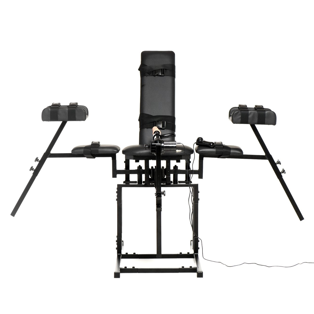 The Leg Spreader Obedience Chair with Sex Machine in front of a plain white background, shown with the attached sex machine with the legs bolstered and held up in the air. | Kinkly Shop