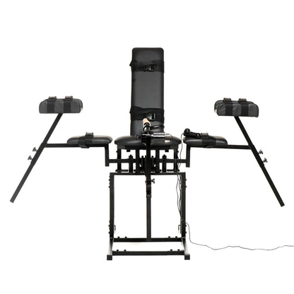 The Leg Spreader Obedience Chair with Sex Machine in front of a plain white background, shown with the attached sex machine with the legs bolstered and held up in the air. | Kinkly Shop